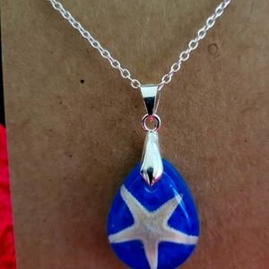 Handcrafted Starfish Pendant Ocean Blue Background with 18" silver plated chain